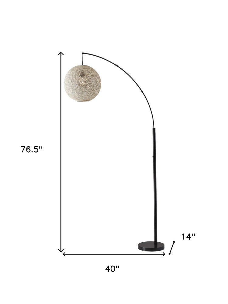 77" Antiqued Bronze Arched Floor Lamp With Groovy Beige Abstract Wicker Globe Shade