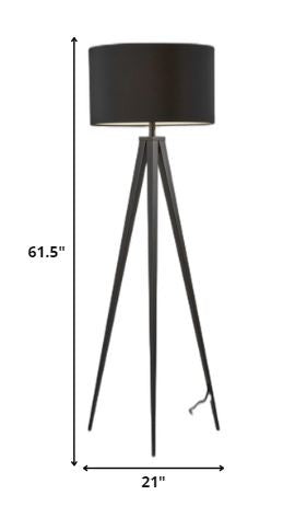 60" Natural Metal Tripod Floor Lamp With White Fabric Drum Shade