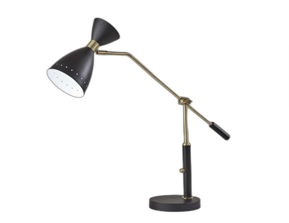 32" Black And Gold Metal Desk Lamp With Cinched Cone Shade