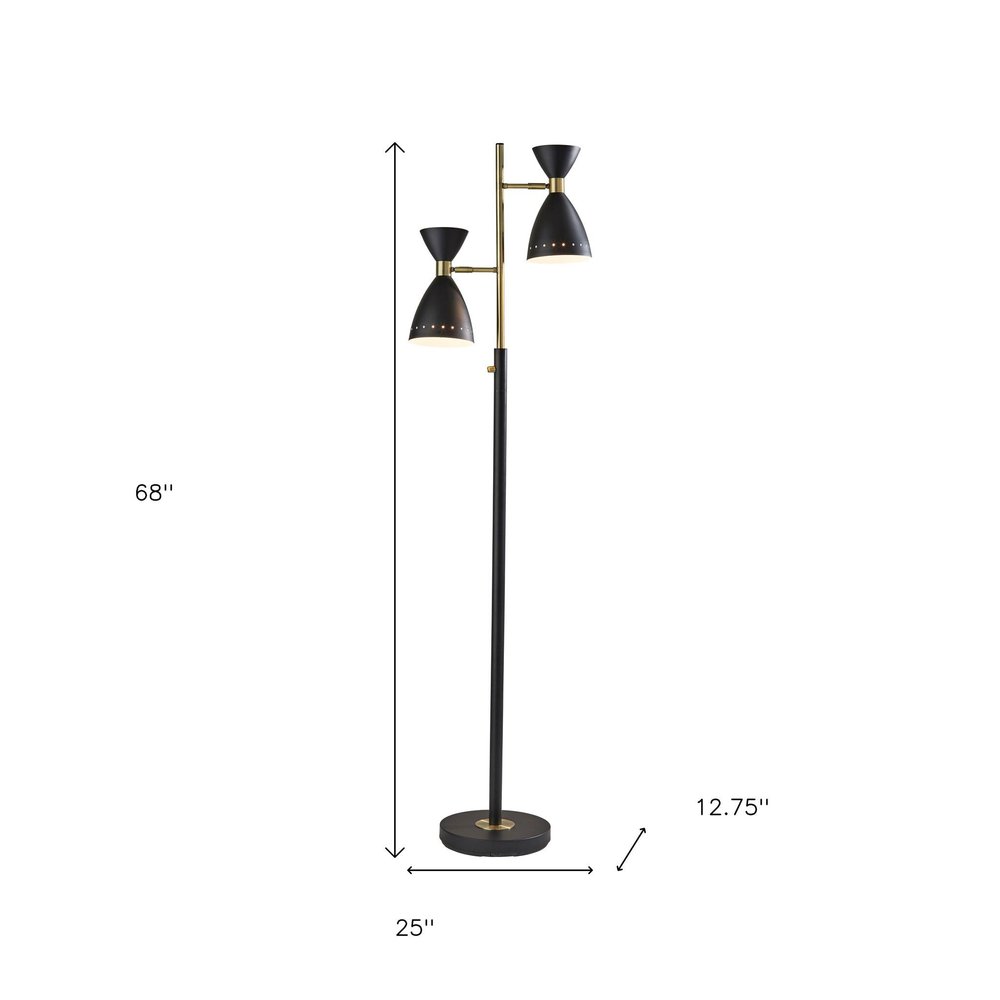 68" Black And Gold Metal Two Light Task Floor Lamp With Black Metal Cone Shade
