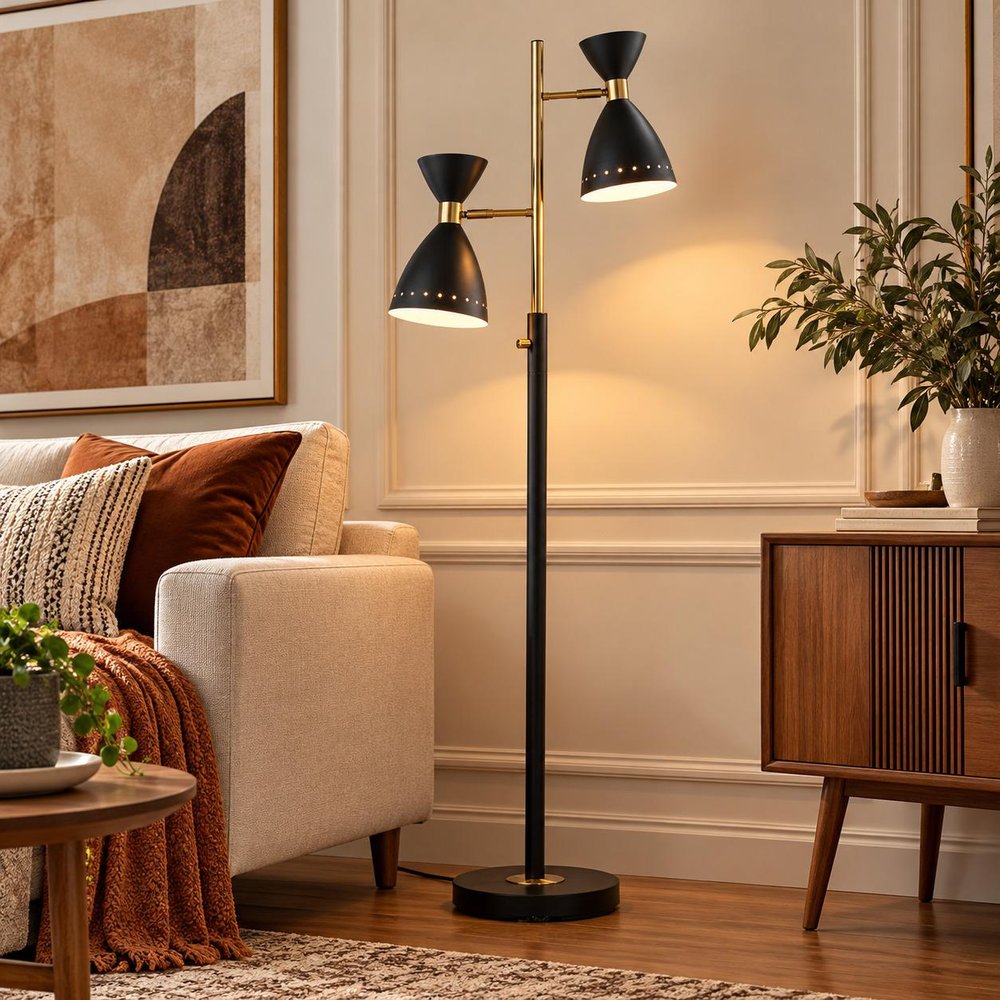 68" Black And Gold Metal Two Light Task Floor Lamp With Black Metal Cone Shade