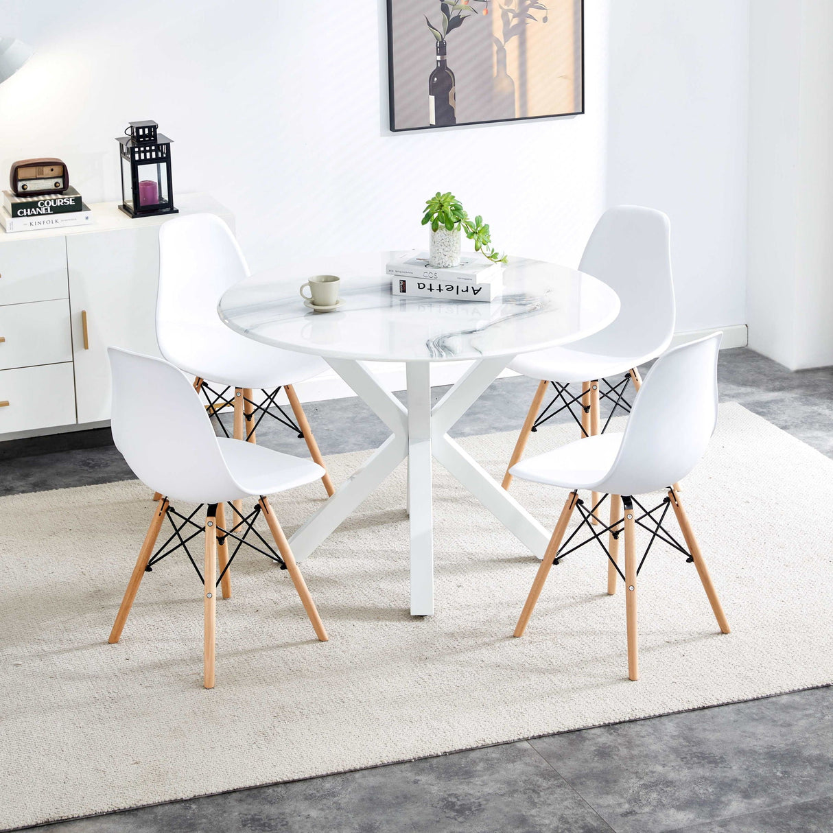 5 Pieces Dining Set, Table Cross Leg Mid-Century Dining Table For 4 - 6 People With Round Table Top, Pedestal Dining Table, End Table Leisure Coffee Table - White by Couch.com