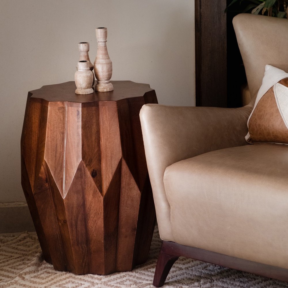 23" Dark Brown Solid Wood Drum End Table