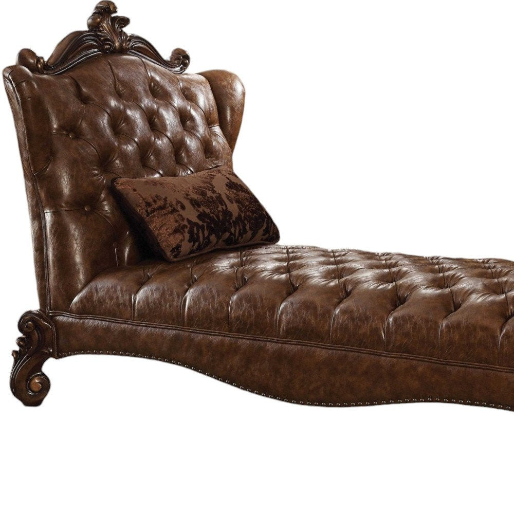 76" Brown and Dark Brown Faux Leather Tufted Lounge Chair And Toss Pillow