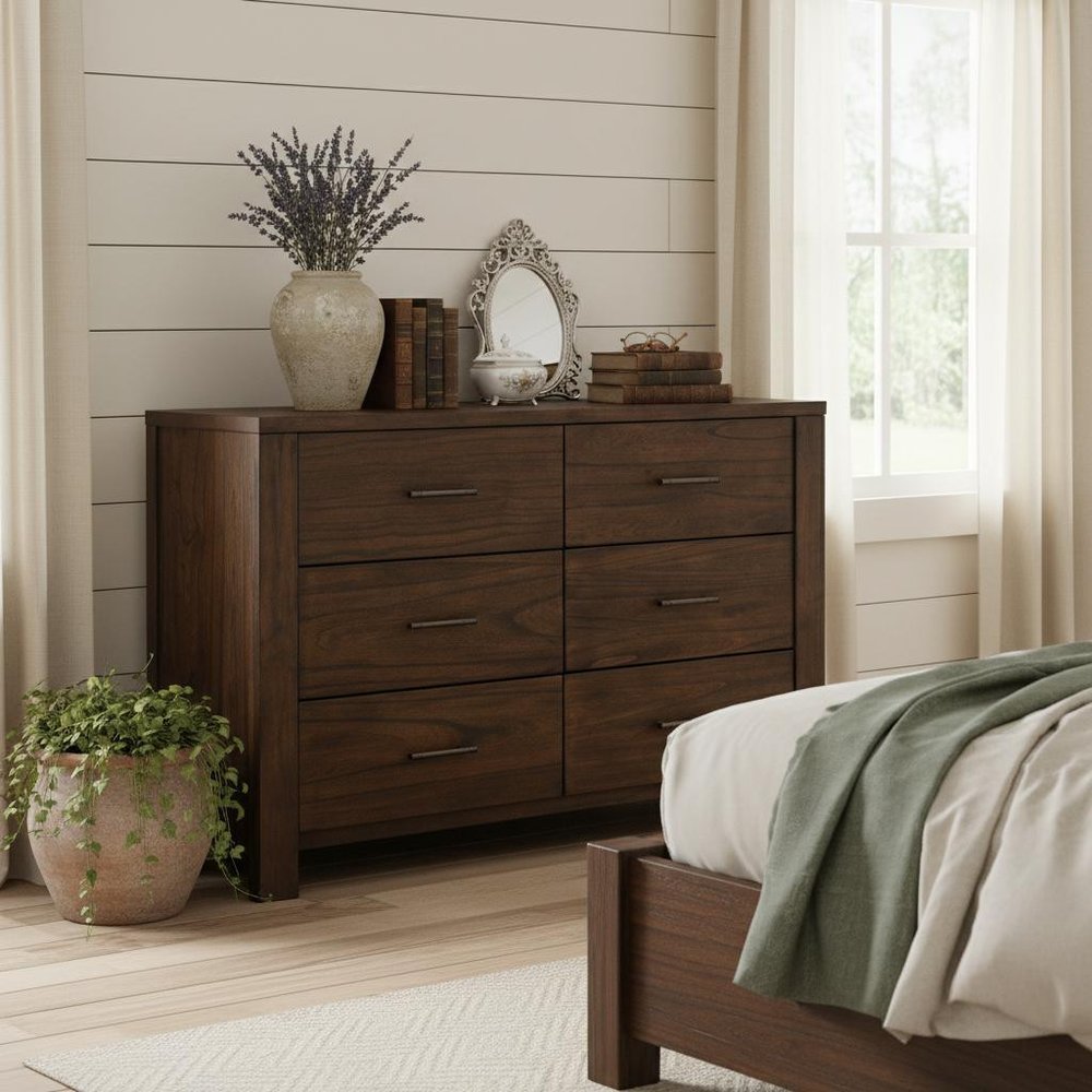 59" Brown Solid Wood Six Drawer Dresser