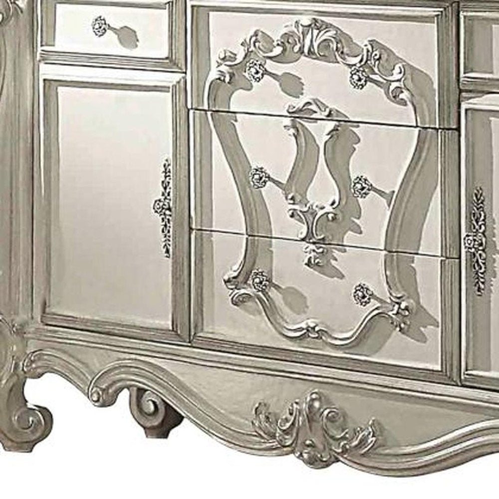 38" Bone Carved Scrollwork Solid Wood Two Door Five Drawer Combo Dresser
