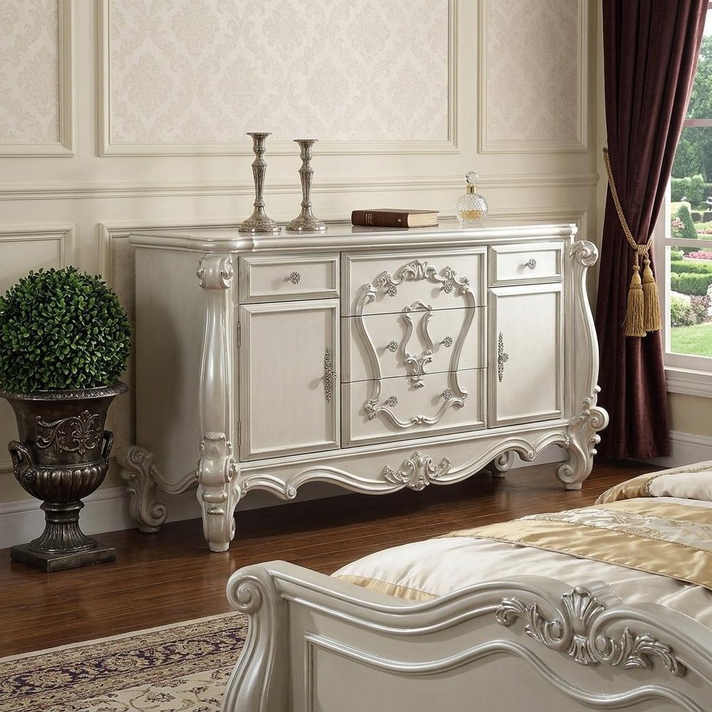 38" Bone Carved Scrollwork Solid Wood Two Door Five Drawer Combo Dresser