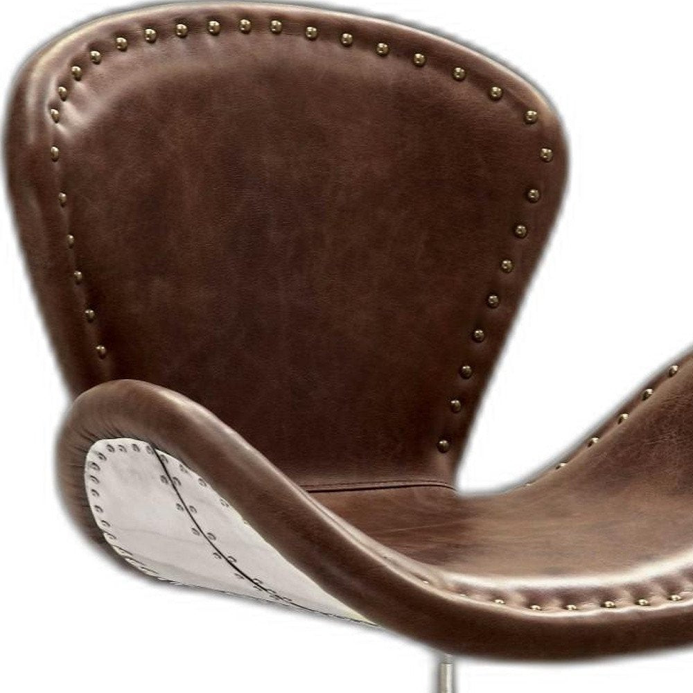 25" Brown and Silver Faux Leather Distressed Swivel Arm Chair