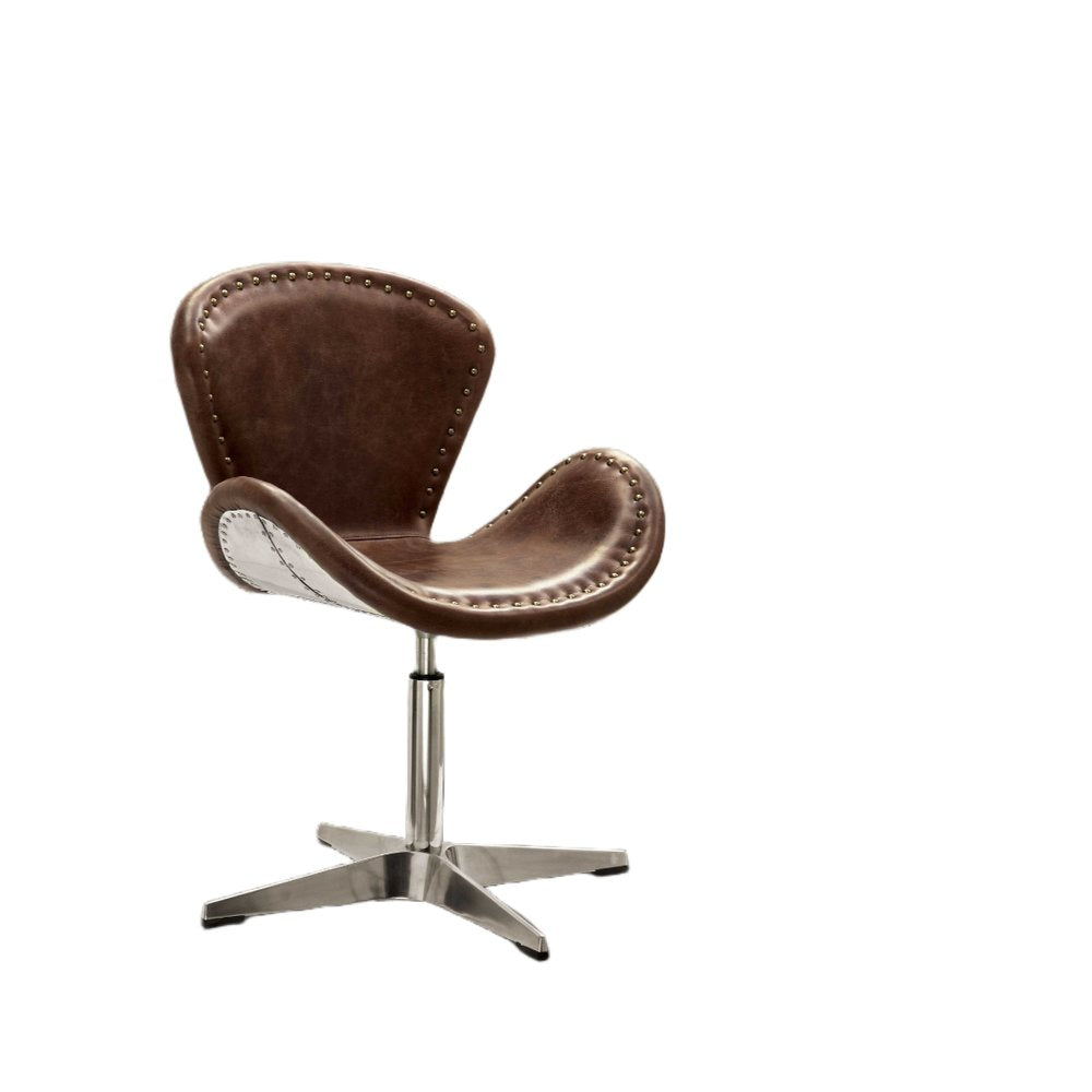 25" Brown and Silver Faux Leather Distressed Swivel Arm Chair