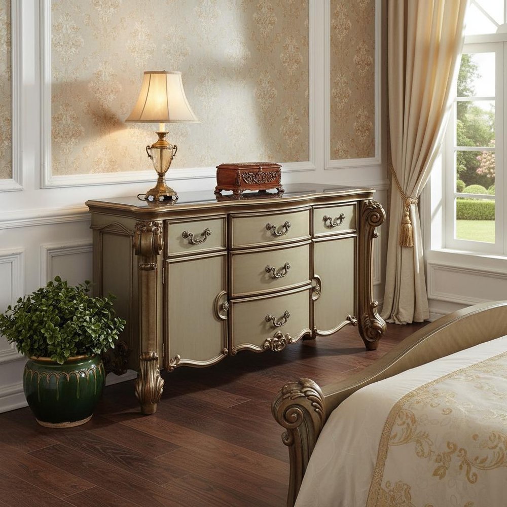 38" Bone Carved Scrollwork Solid Wood Two Door Five Drawer Combo Dresser