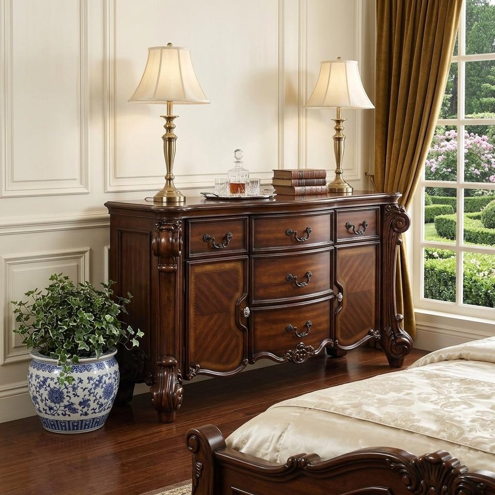 38" Bone Carved Scrollwork Solid Wood Two Door Five Drawer Combo Dresser