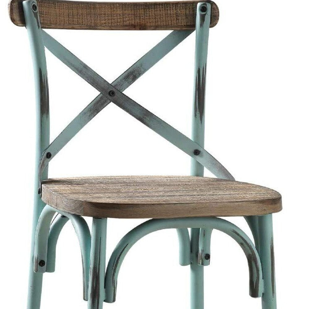 21" Brown And Sky Blue Solid Wood And Metal Bar Chair