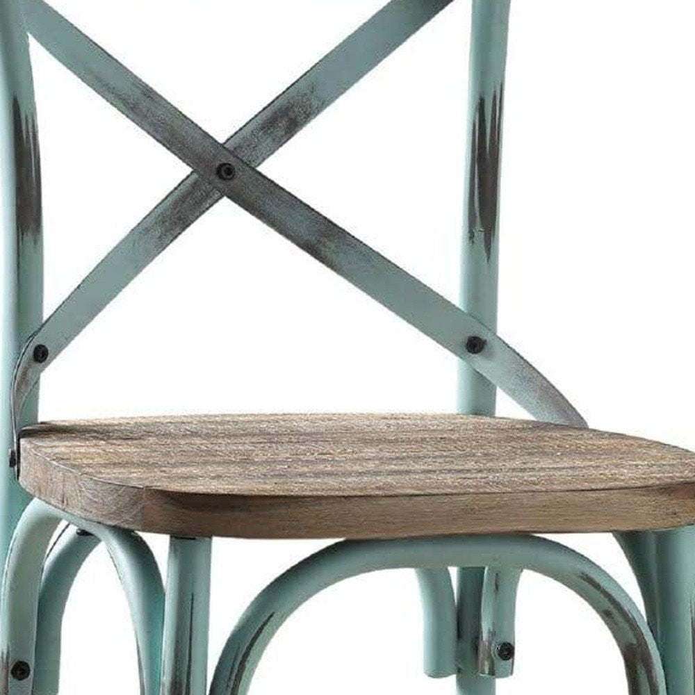 21" Brown And Sky Blue Solid Wood And Metal Bar Chair