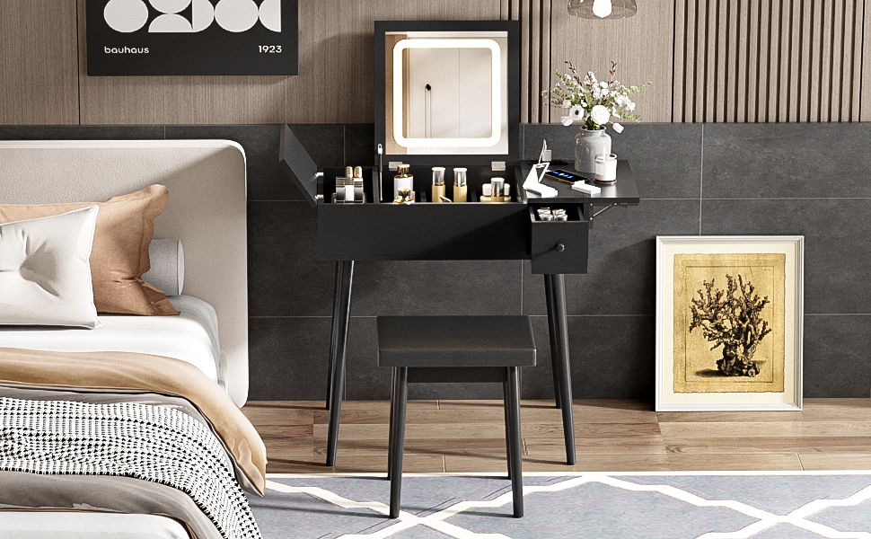 Couch.com Makeup Vanity Desk With Flip Top Mirror And LED Light, Dressing Table With Charging Station, 2 Drawers And Fold Up Panel, Vanity Set With Cushioned Stool For Bedroom Black, with Storage by Couch.com