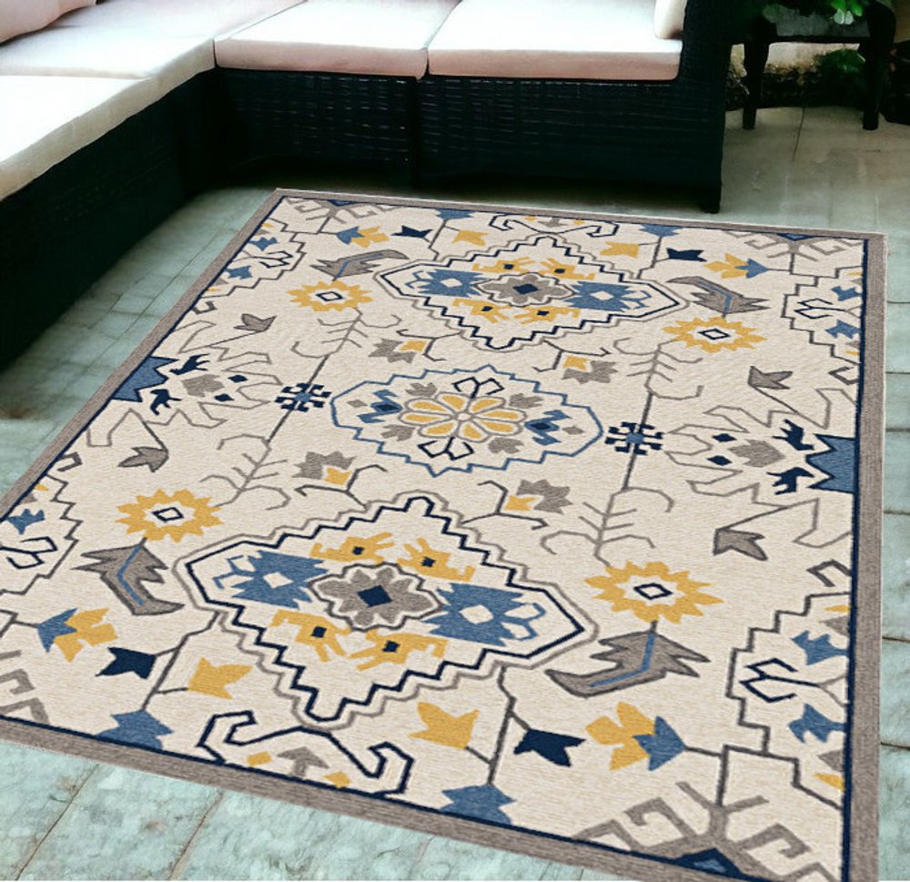 5' X 8' Ivory Abstract Indoor Outdoor Area Rug
