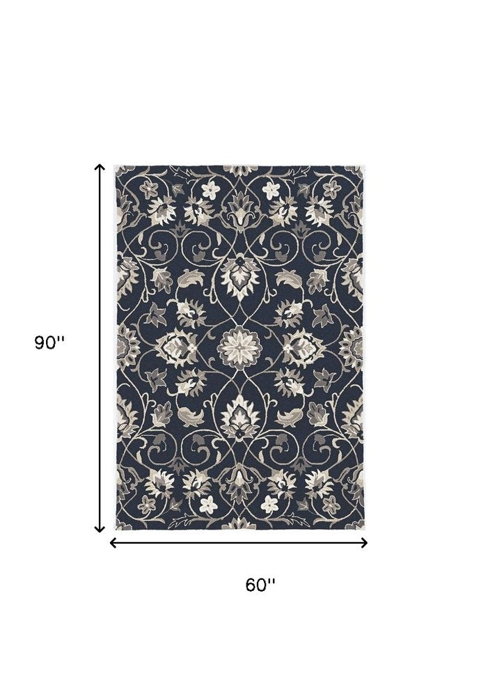 5' X 8' Navy Blue Round Floral Indoor Outdoor Area Rug