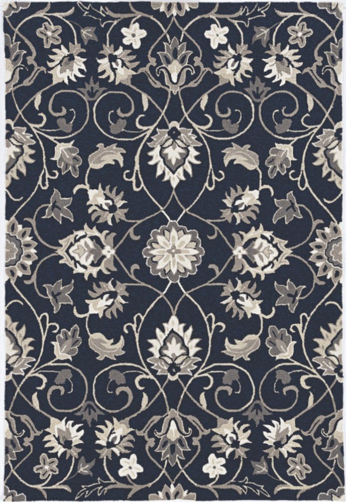 5' X 8' Navy Blue Round Floral Indoor Outdoor Area Rug