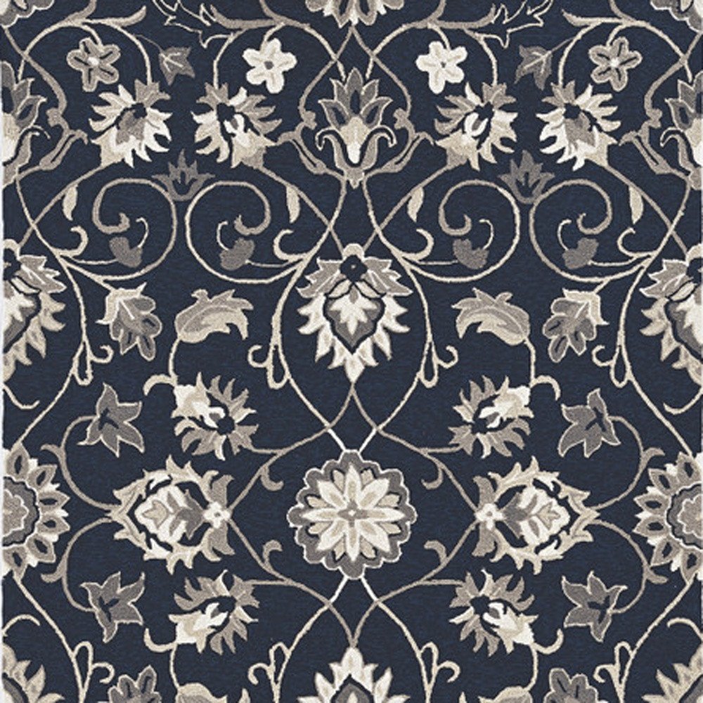 5' X 8' Navy Blue Round Floral Indoor Outdoor Area Rug