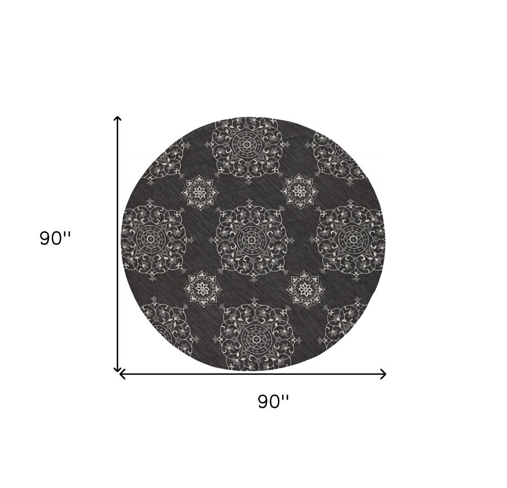 5' X 8' Charcoal Round Floral Indoor Outdoor Area Rug