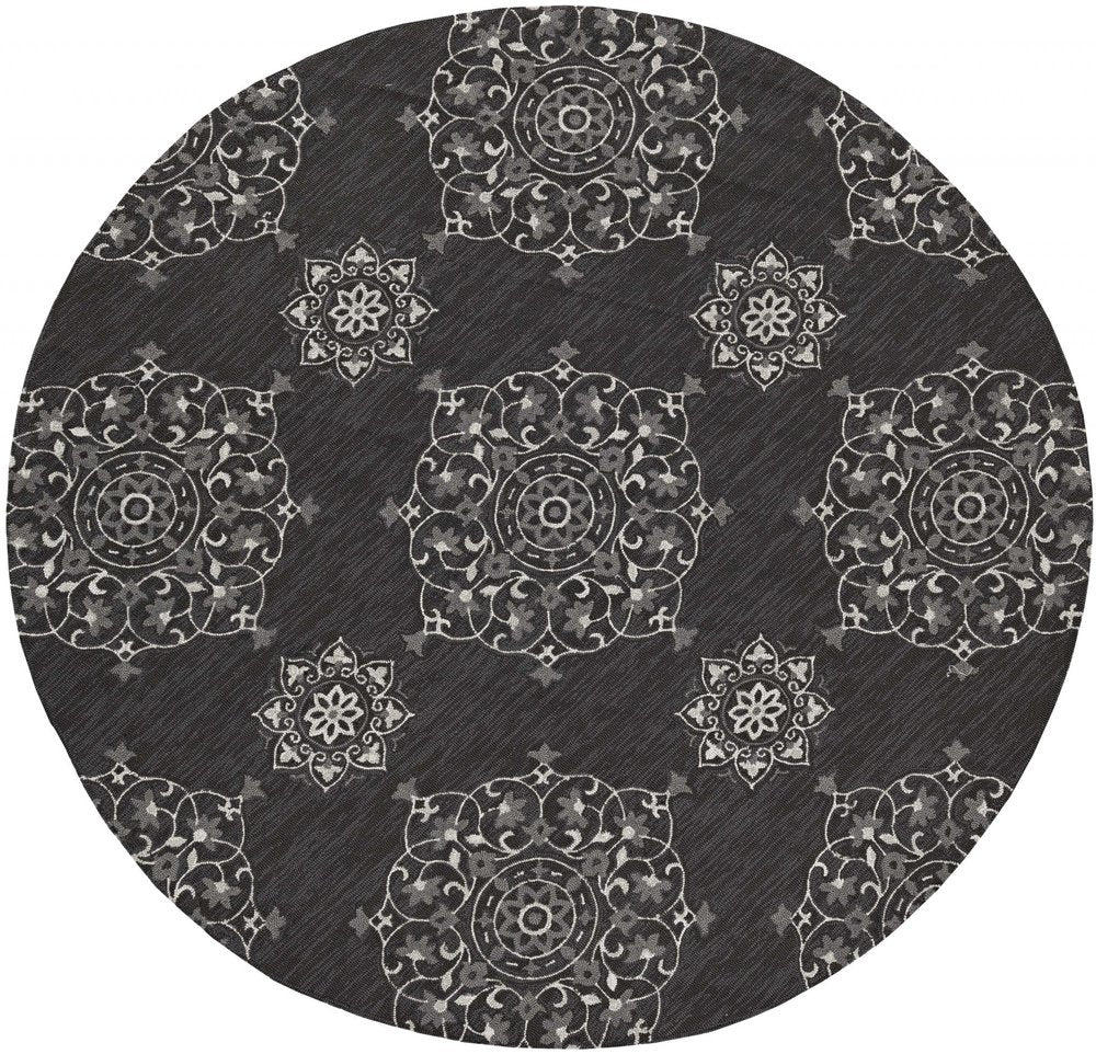 5' X 8' Charcoal Round Floral Indoor Outdoor Area Rug