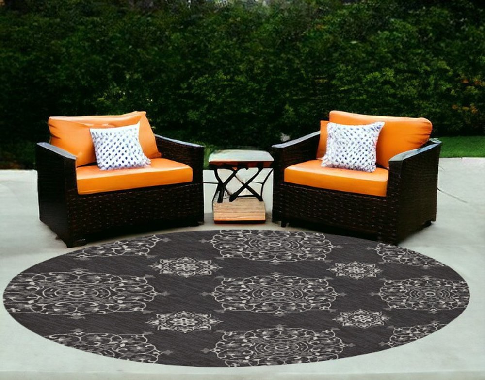 5' X 8' Charcoal Round Floral Indoor Outdoor Area Rug
