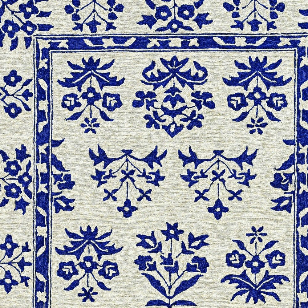 5' X 7' Sand Or Blue Floral Bordered Indoor Outdoor Area Rug