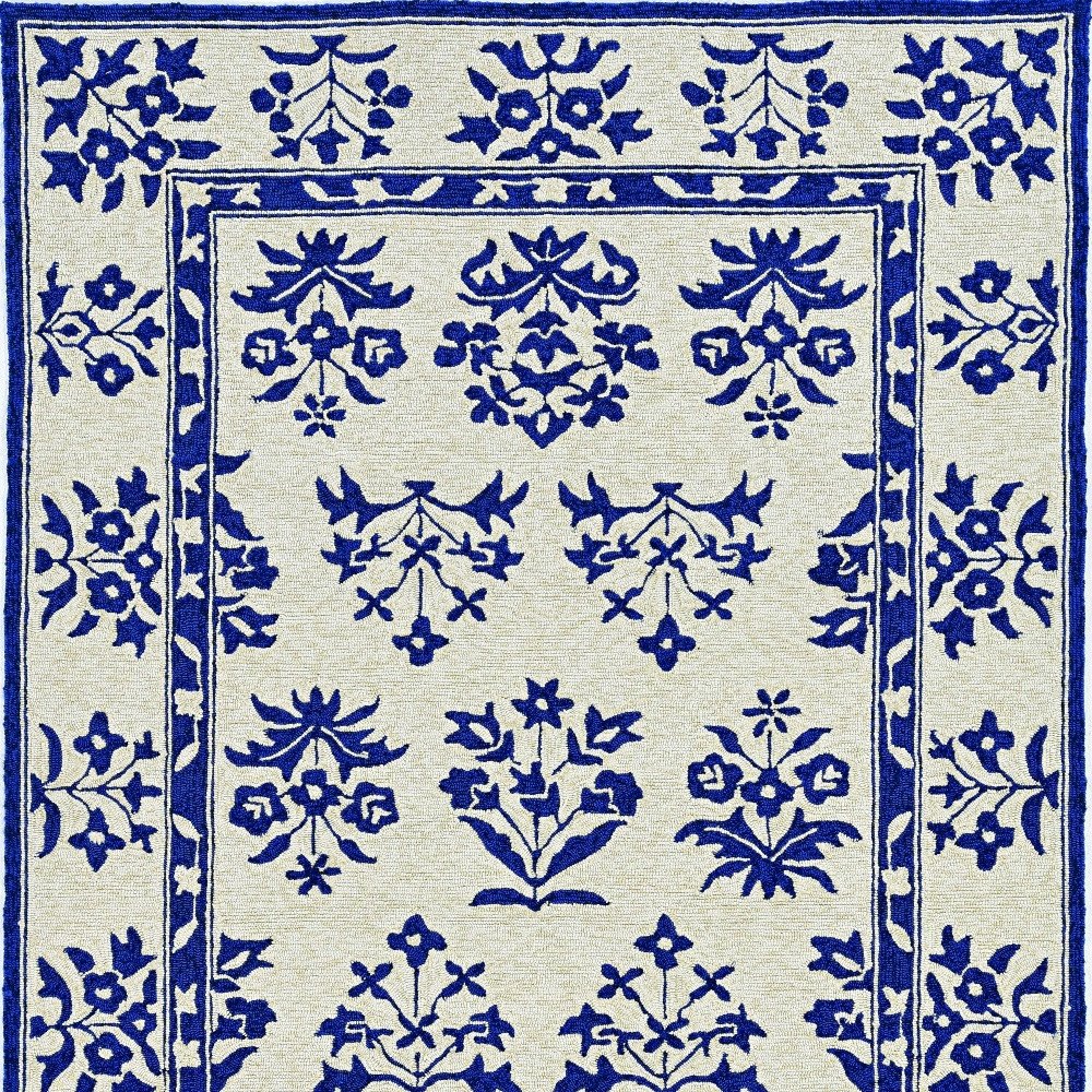 5' X 7' Sand Or Blue Floral Bordered Indoor Outdoor Area Rug