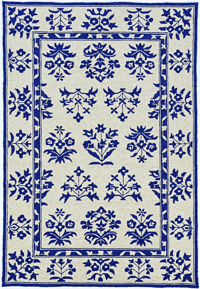5' X 7' Sand Or Blue Floral Bordered Indoor Outdoor Area Rug