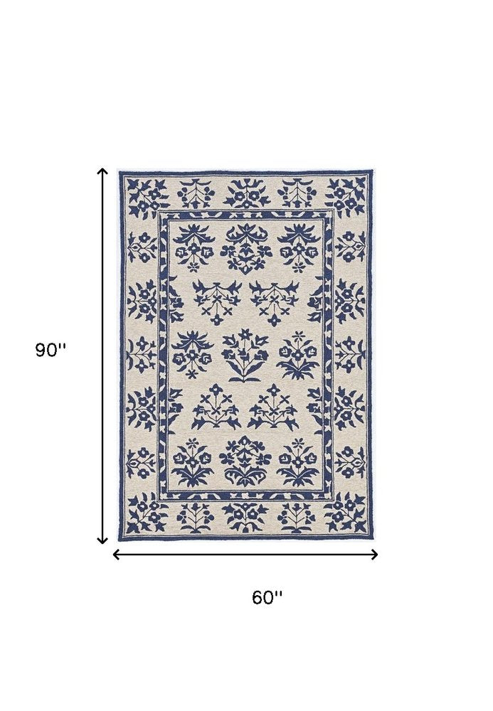 5' X 7' Sand Or Blue Floral Bordered Indoor Outdoor Area Rug