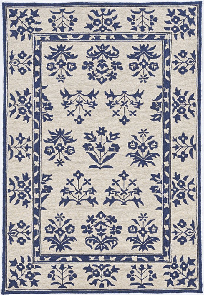5' X 7' Sand Or Blue Floral Bordered Indoor Outdoor Area Rug