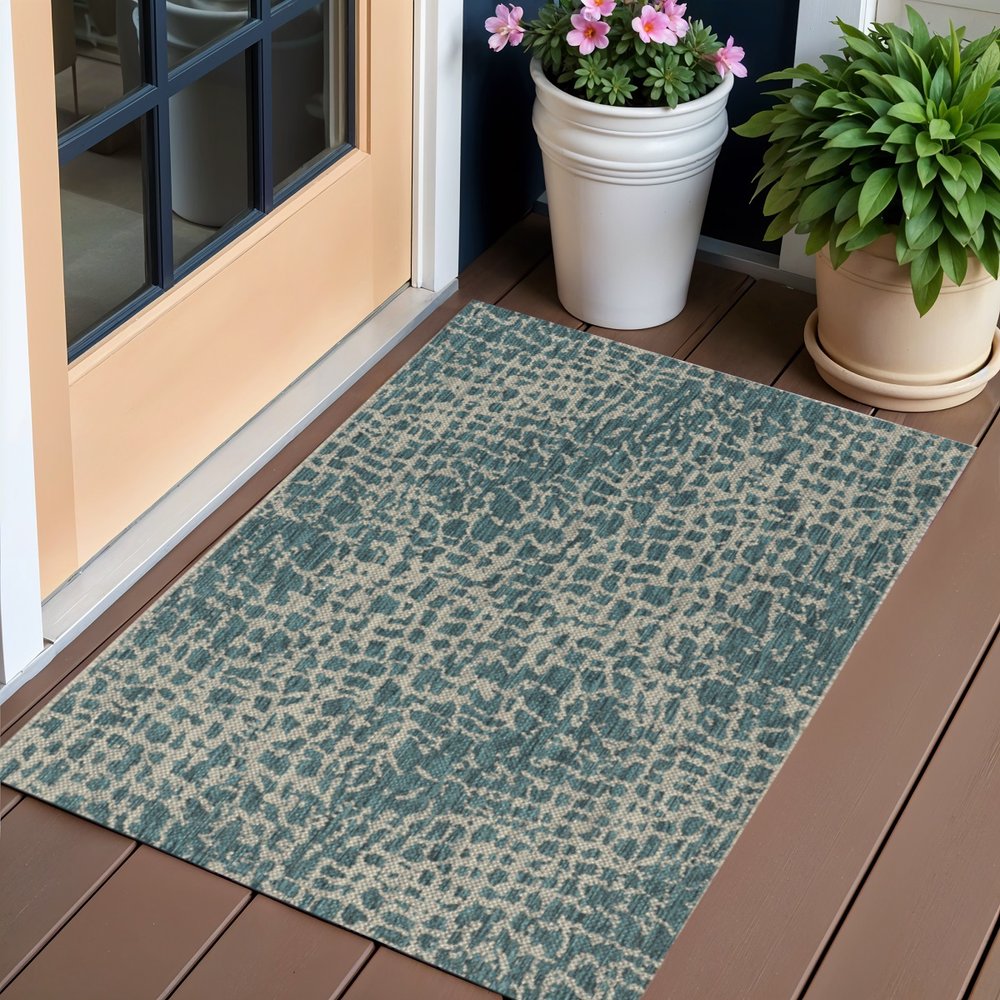 3' X 5' Teal Blue Abstract Indoor Outdoor Area Rug