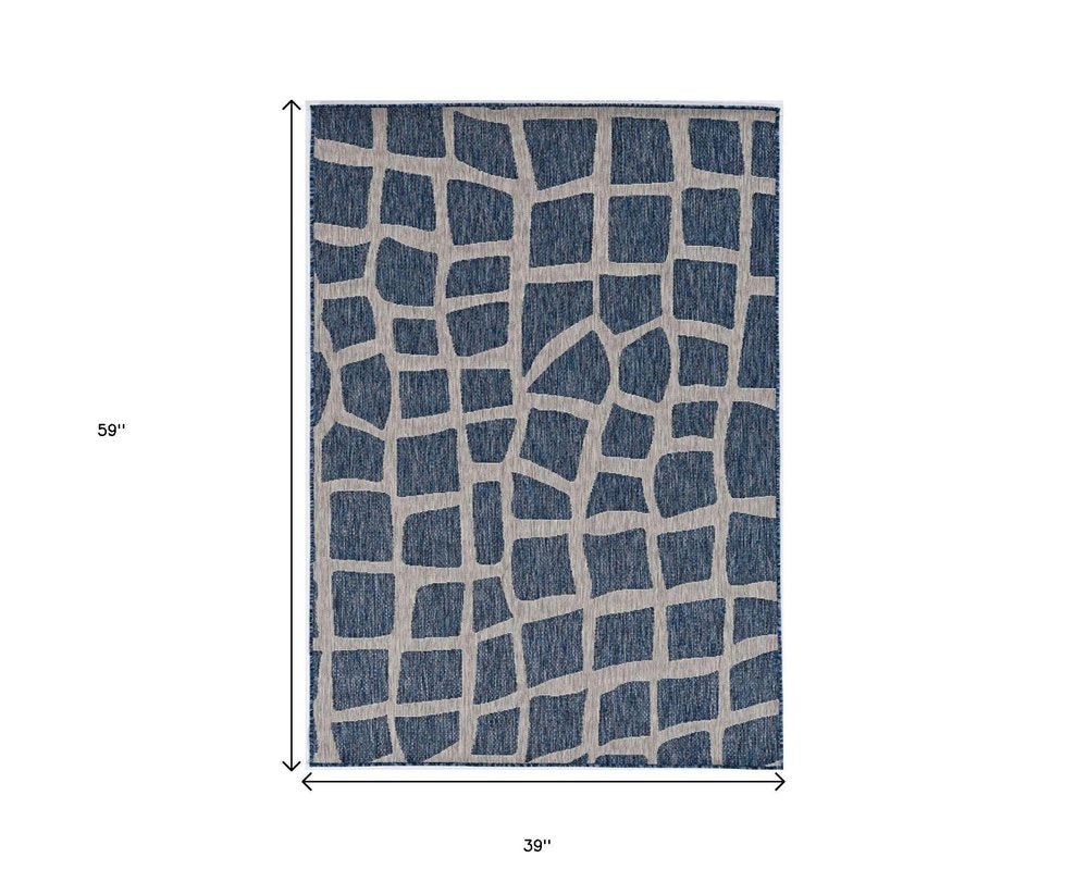 3' X 4' Blue And Gray Abstract Indoor Outdoor Area Rug