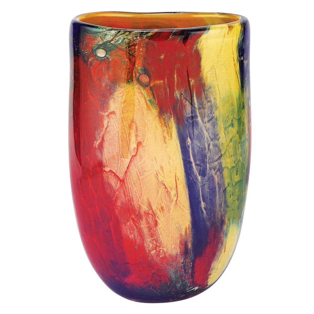 11" Red Purple And Yellow Abstract Oval Murano Glass Table Vase