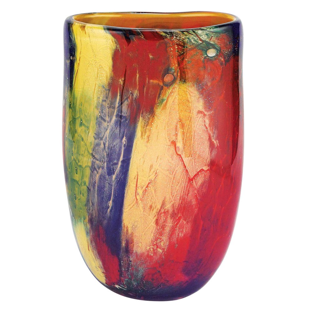 11" Red Purple And Yellow Abstract Oval Murano Glass Table Vase
