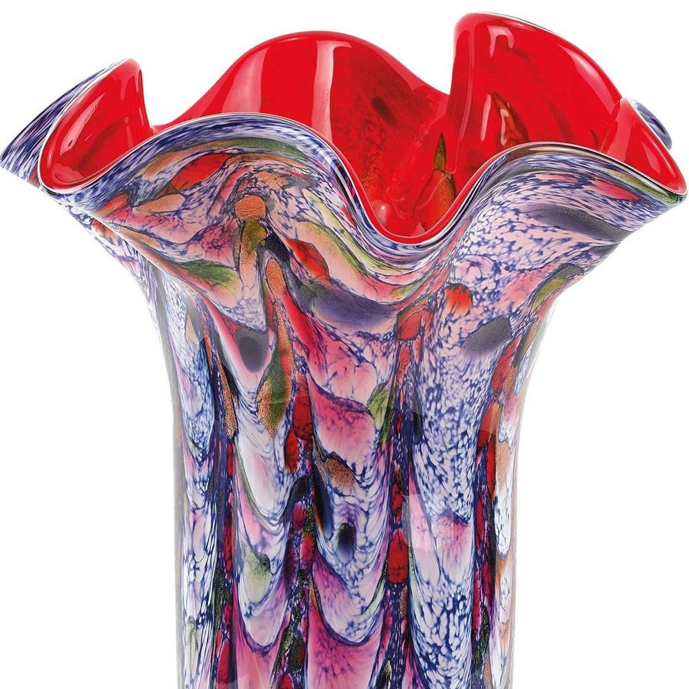17" Blue Red And White Abstract Wavy Murano Glass Table Vase