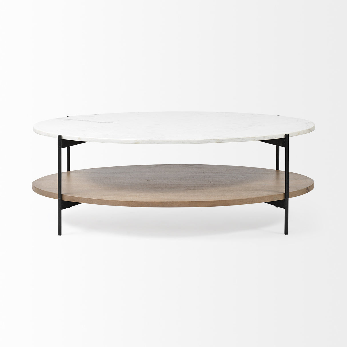 48" Brown and Black Genuine Marble and Metal Oval Coffee Table With Shelf