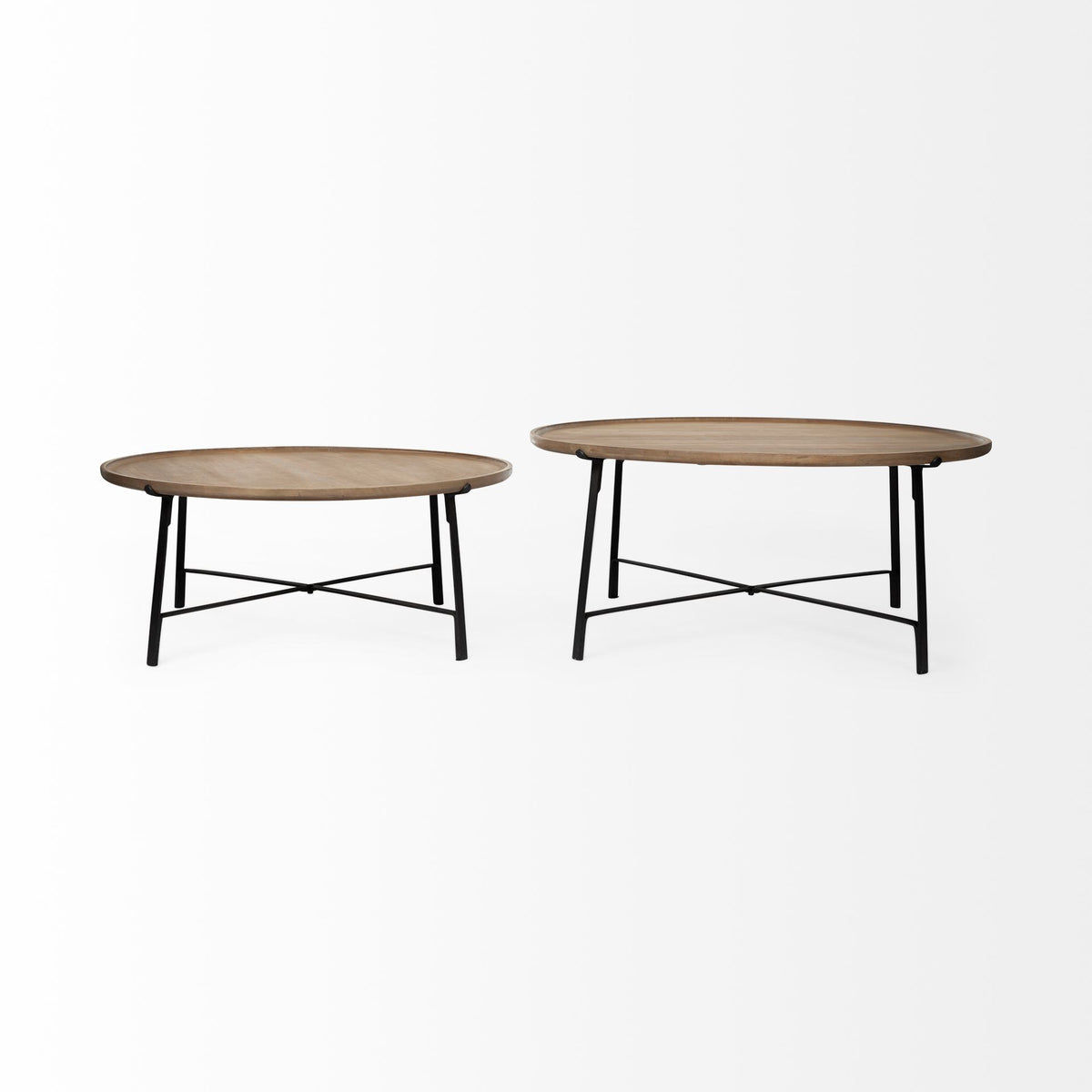 Set of Two Brown and Black Solid Wood and Iron Round Nested Coffee Tables