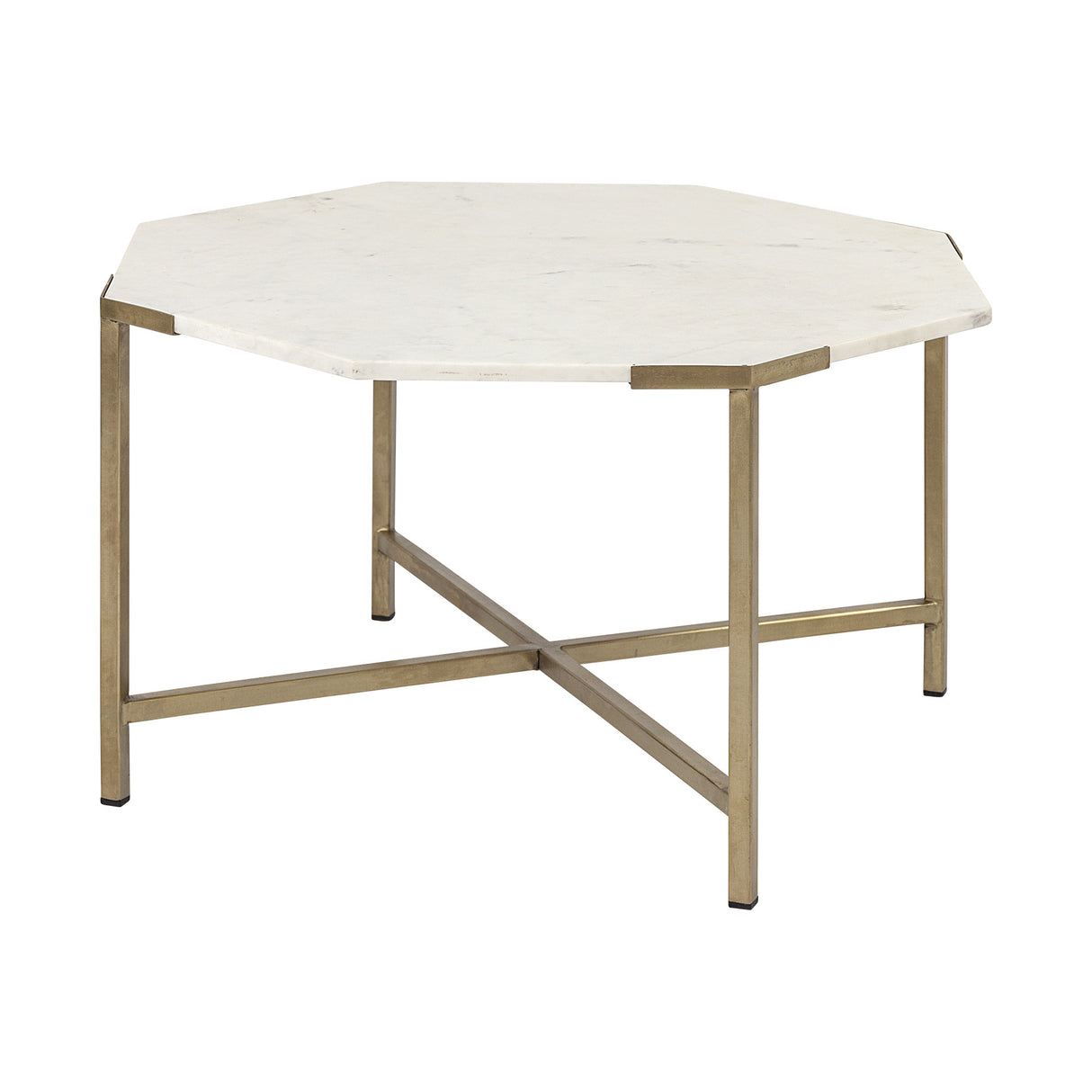 33" White and Gold Genuine Marble and Metal Octagon Coffee Table