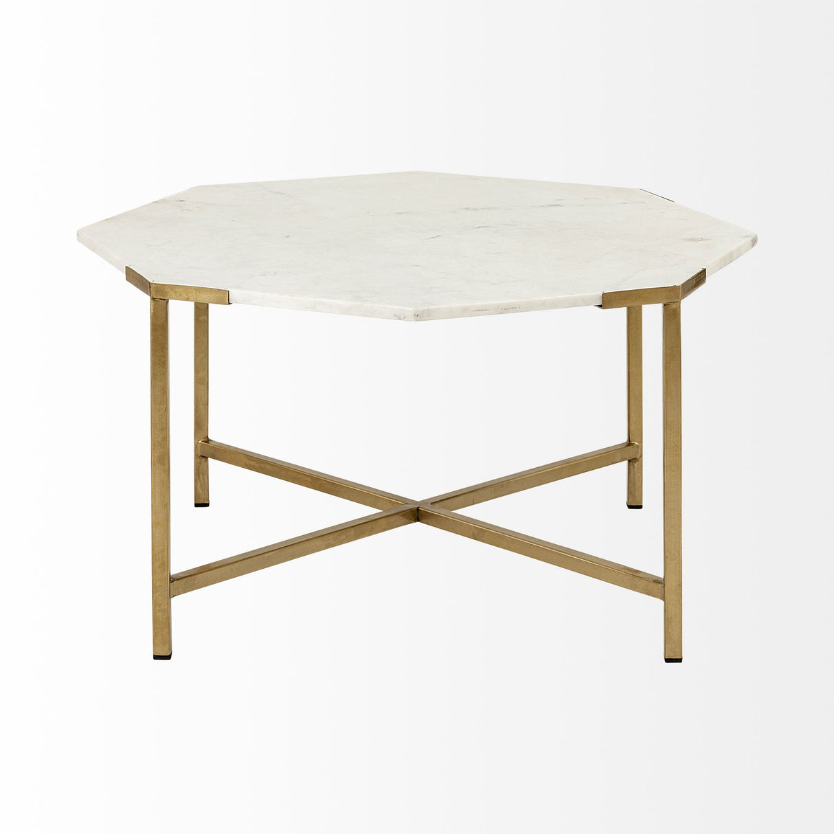 33" White and Gold Genuine Marble and Metal Octagon Coffee Table