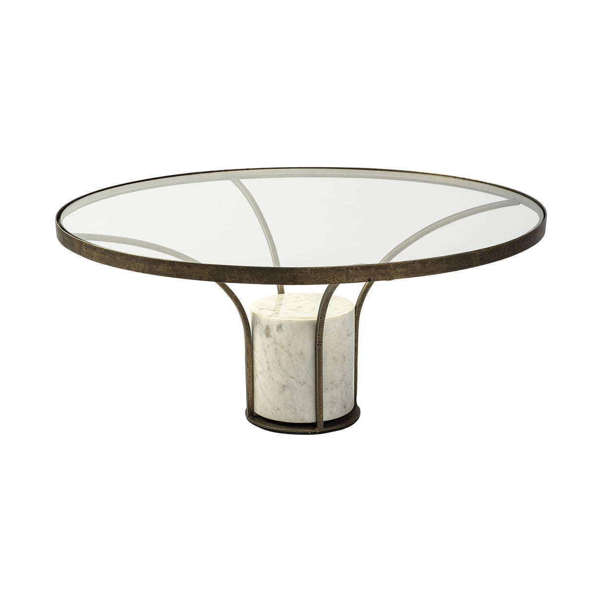 36" Antiqued Gold And White Glass Iron and Marble Round Pedestal Coffee Table