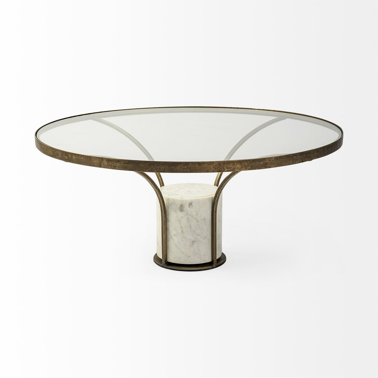 36" Antiqued Gold And White Glass Iron and Marble Round Pedestal Coffee Table