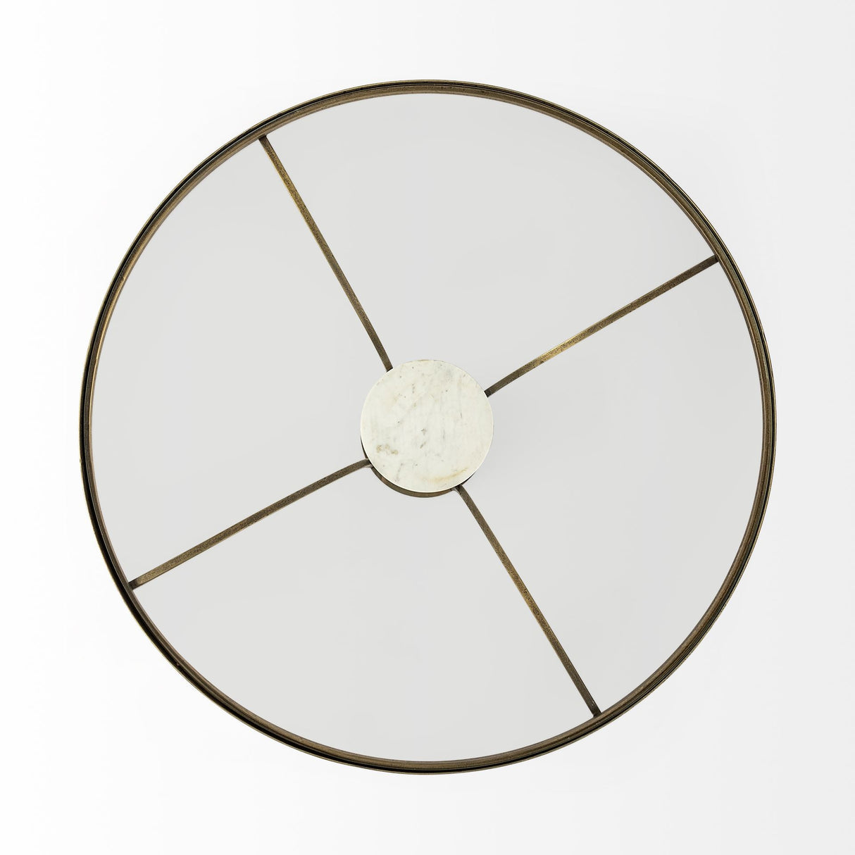 36" Antiqued Gold And White Glass Iron and Marble Round Pedestal Coffee Table