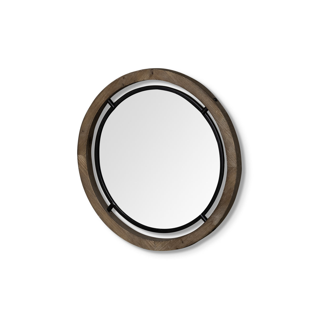 19" Brown And Black Metal And Wood Round Framed Accent Mirror
