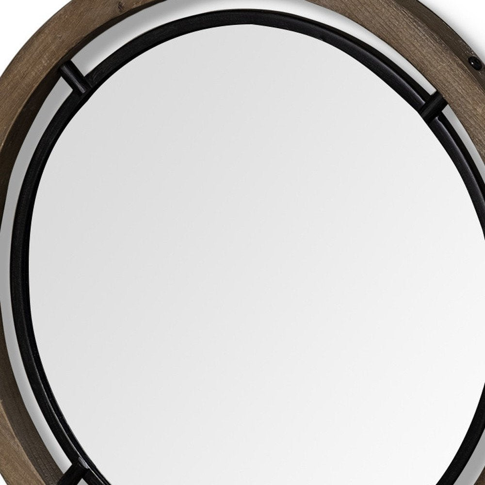 19" Brown And Black Metal And Wood Round Framed Accent Mirror