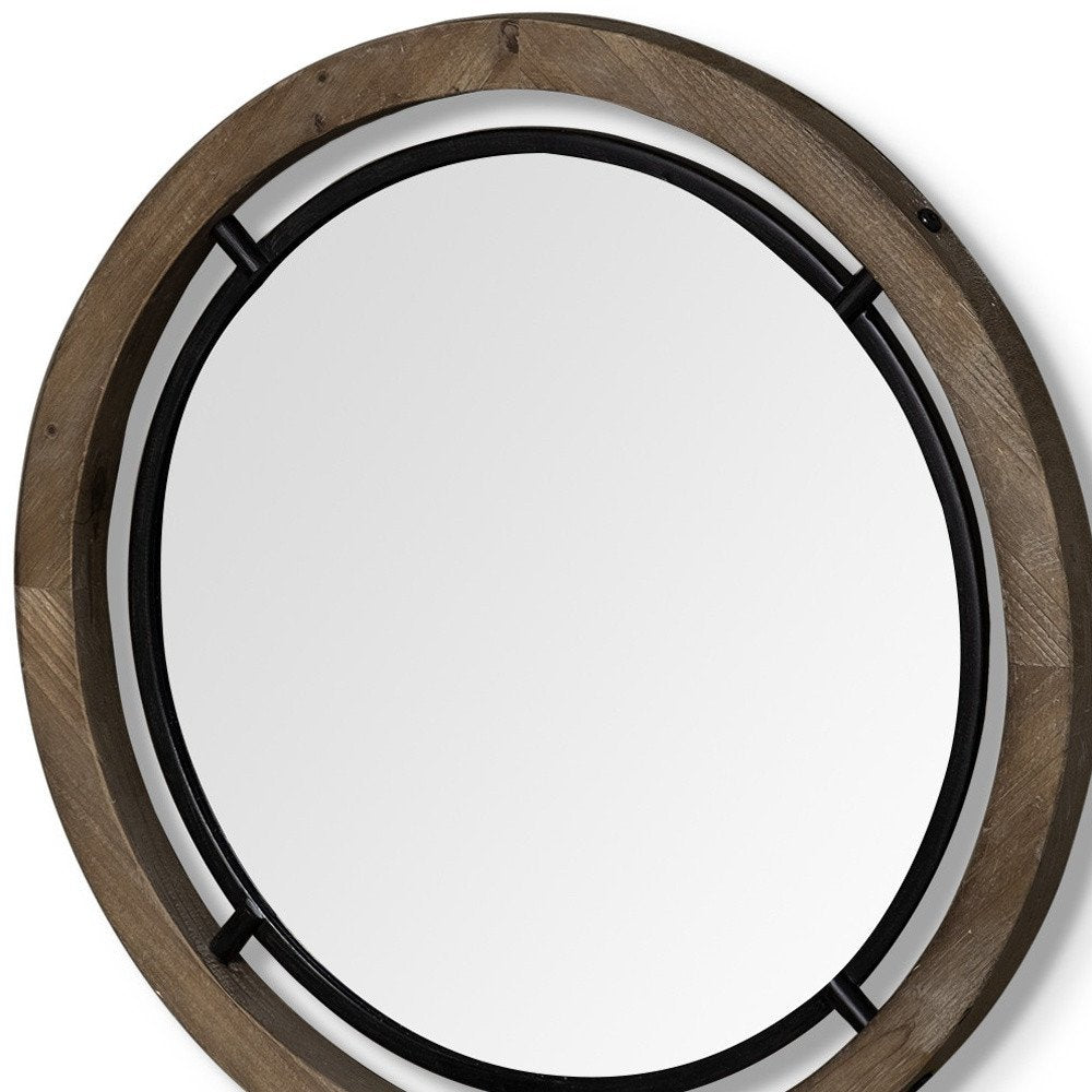 19" Brown And Black Metal And Wood Round Framed Accent Mirror