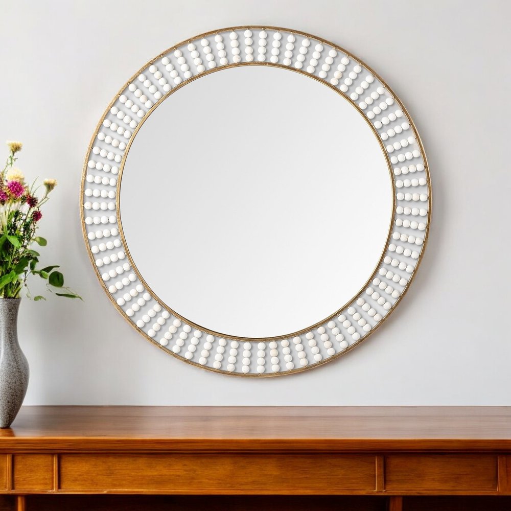 42" Round Gold Metal Frame Wall Mirror With White Wood Beads