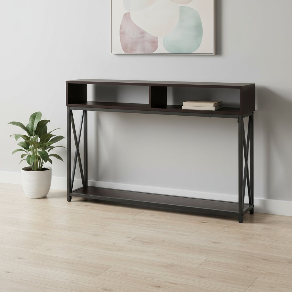 47" Brown and Black Frame Console Table With Shelves