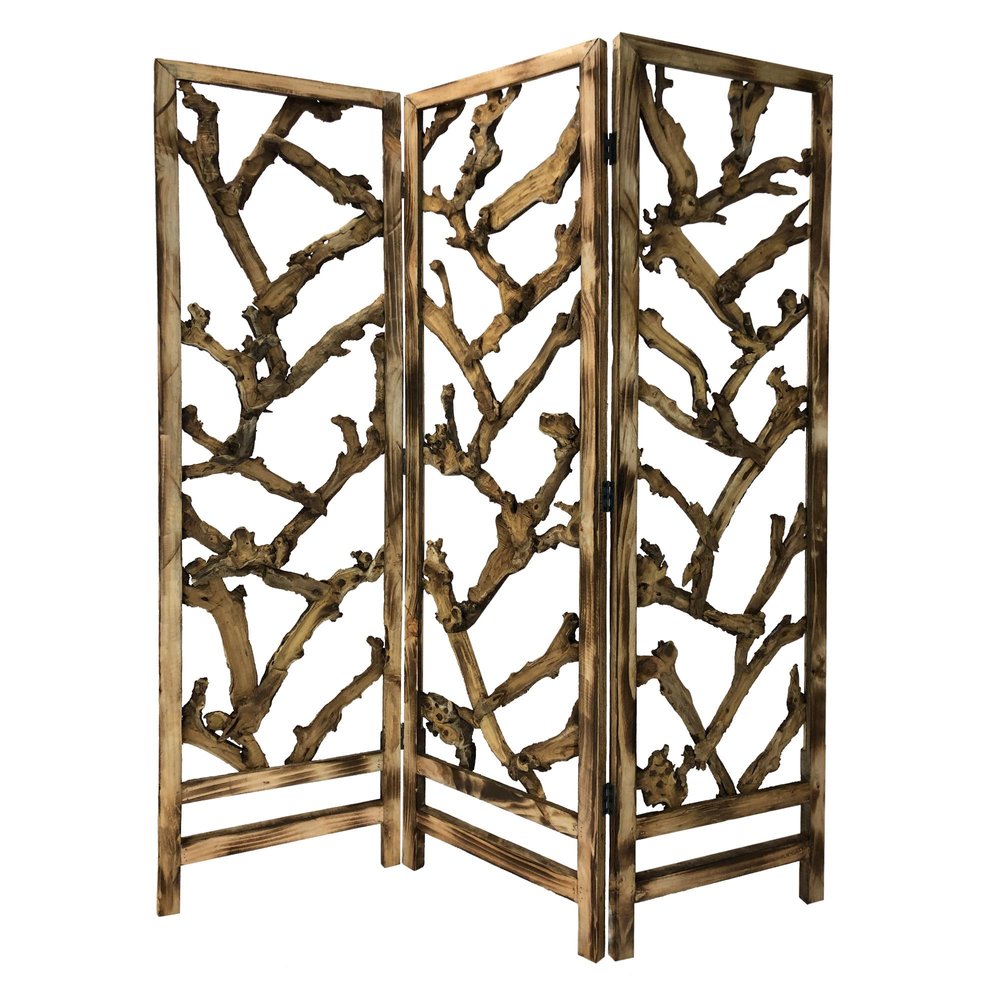72" Brown Solid Wood Folding Three Panel Screen Room Divider
