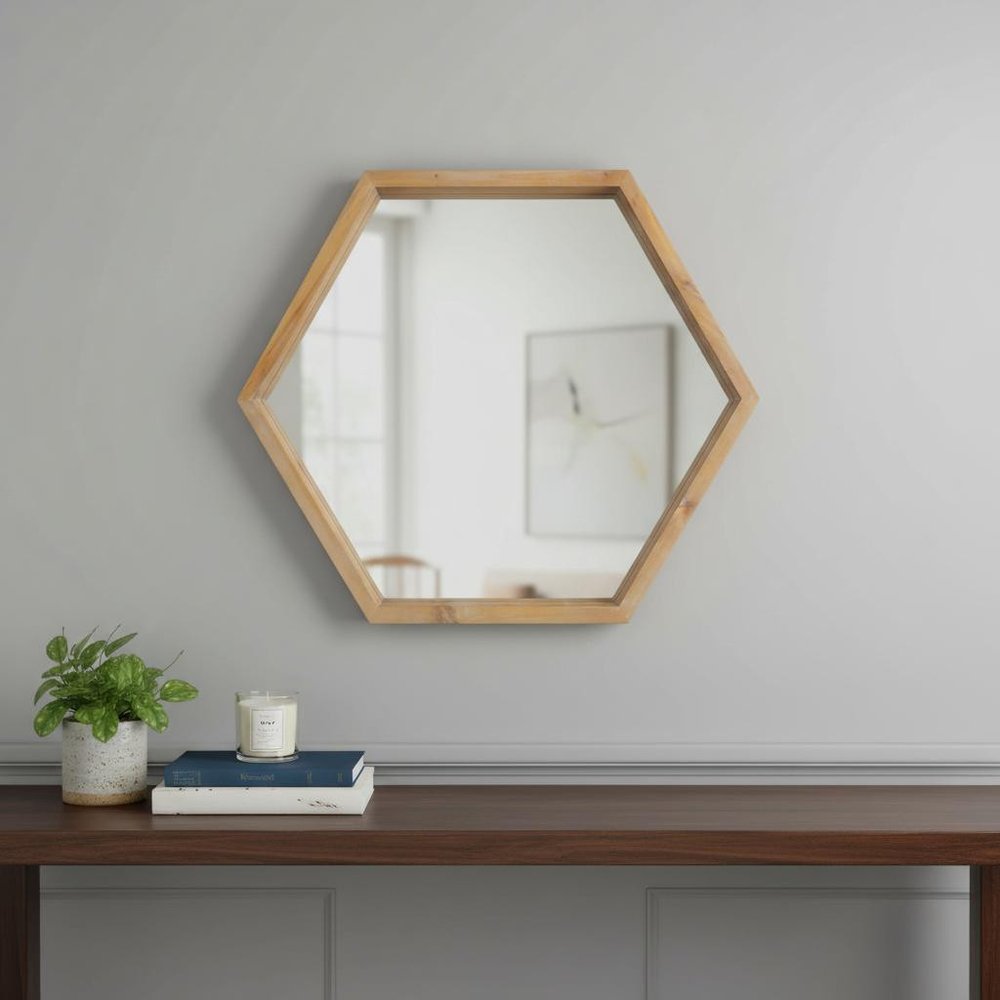 21" Brown Hexagon Wood Framed Accent Mirror