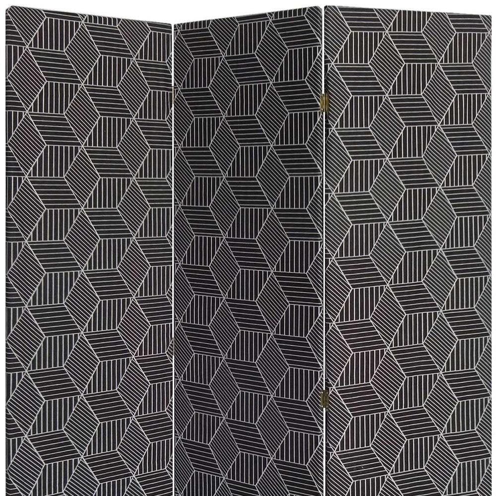 71" Black and White Fabric Folding Three Panel Screen Room Divider